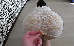 A girlfriend with a strapon fucked a out of this world nance regulate to a white dress, a shaking juicy pain in the neck POV.