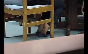 Tammy's Purple Ballet Flats Foot Massaging The Wood Table Leg In The Library